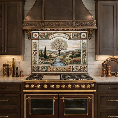 Tempered Glass Tree of Life Kitchen Backsplash, Waterfall Stove Decor