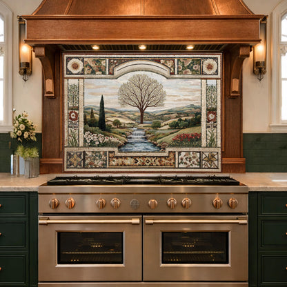 Tempered Glass Tree of Life Kitchen Backsplash, Waterfall Stove Decor