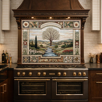 Tempered Glass Tree of Life Kitchen Backsplash, Waterfall Stove Decor