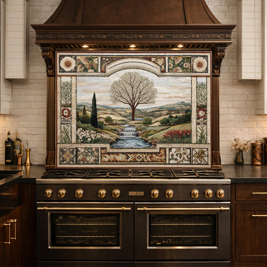 Tempered Glass Tree of Life Kitchen Backsplash, Waterfall Stove Decor
