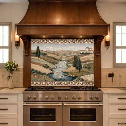 Tuscan Landscape Tempered Glass Backsplash, Mediterranean Kitchen Decor, Stove Panel