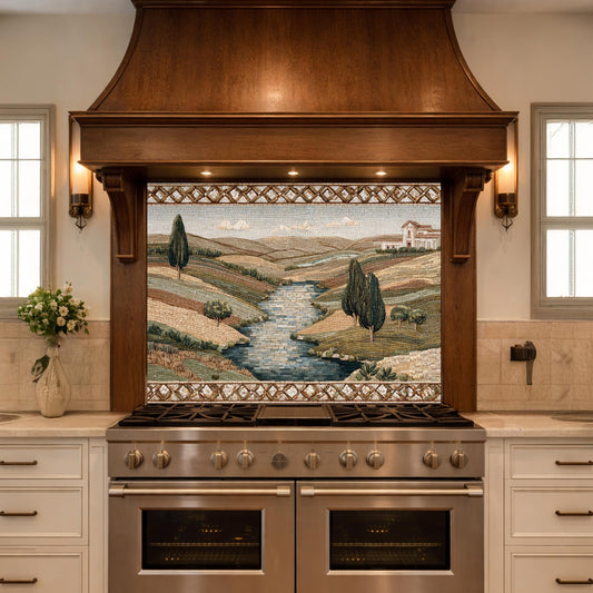Tuscan Landscape Tempered Glass Backsplash, Mediterranean Kitchen Decor, Stove Panel