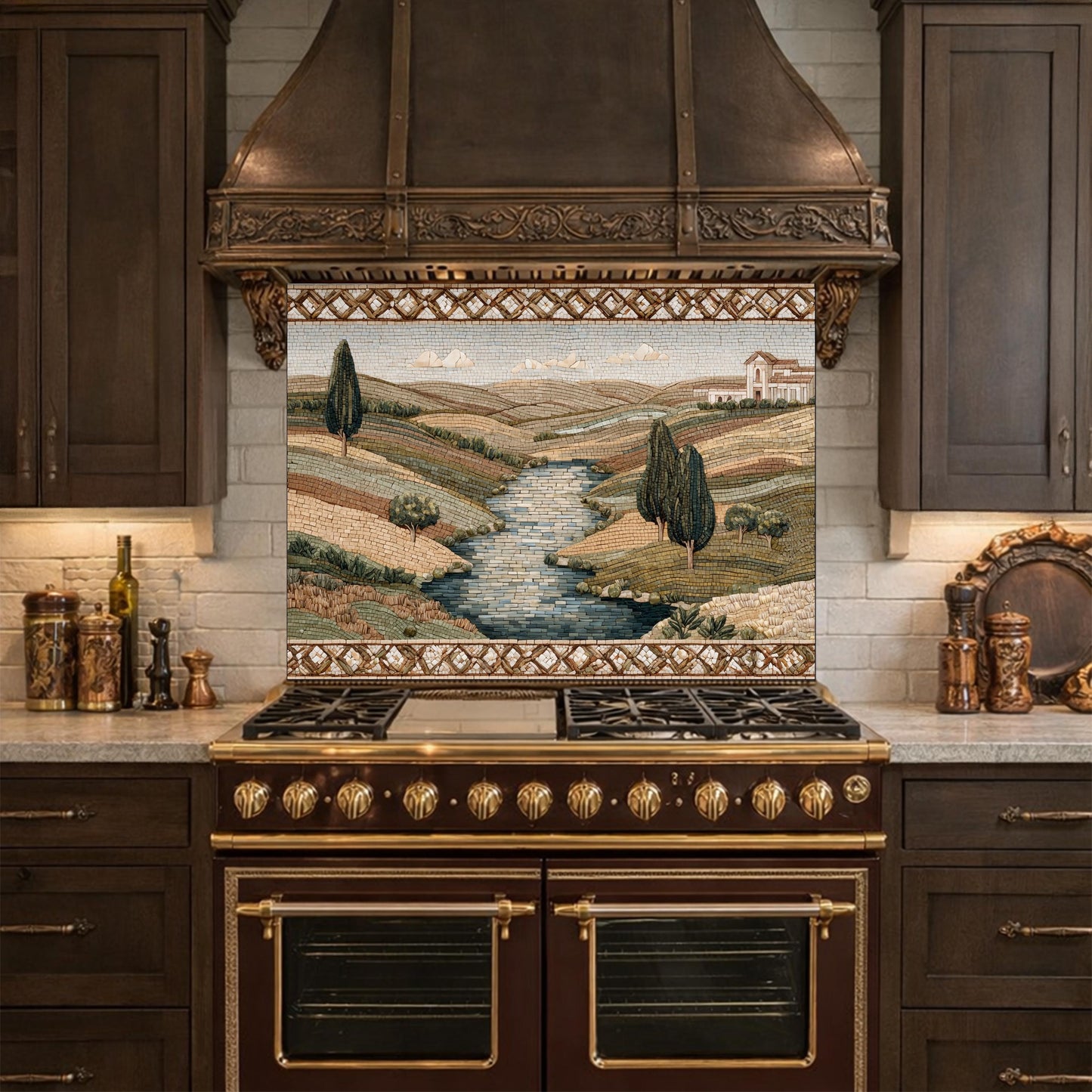 Tuscan Landscape Tempered Glass Backsplash, Mediterranean Kitchen Decor, Stove Panel
