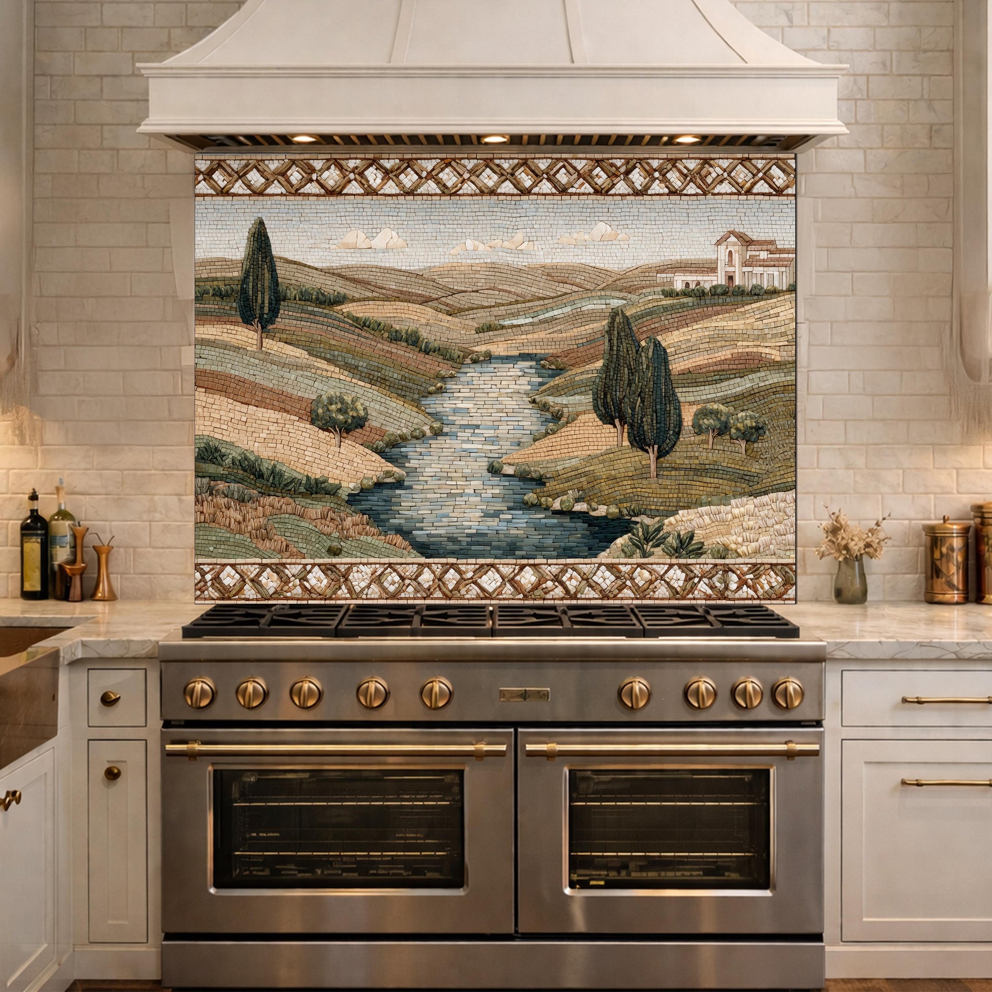 Tuscan Landscape Tempered Glass Backsplash, Mediterranean Kitchen Decor, Stove Panel