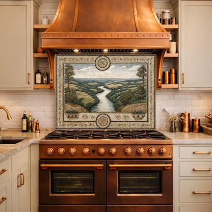Tuscan Landscape Tempered Glass Backsplash, Mediterranean Kitchen Stove Decor