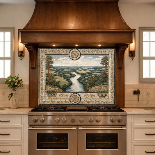 Tuscan Landscape Tempered Glass Backsplash, Mediterranean Kitchen Stove Decor