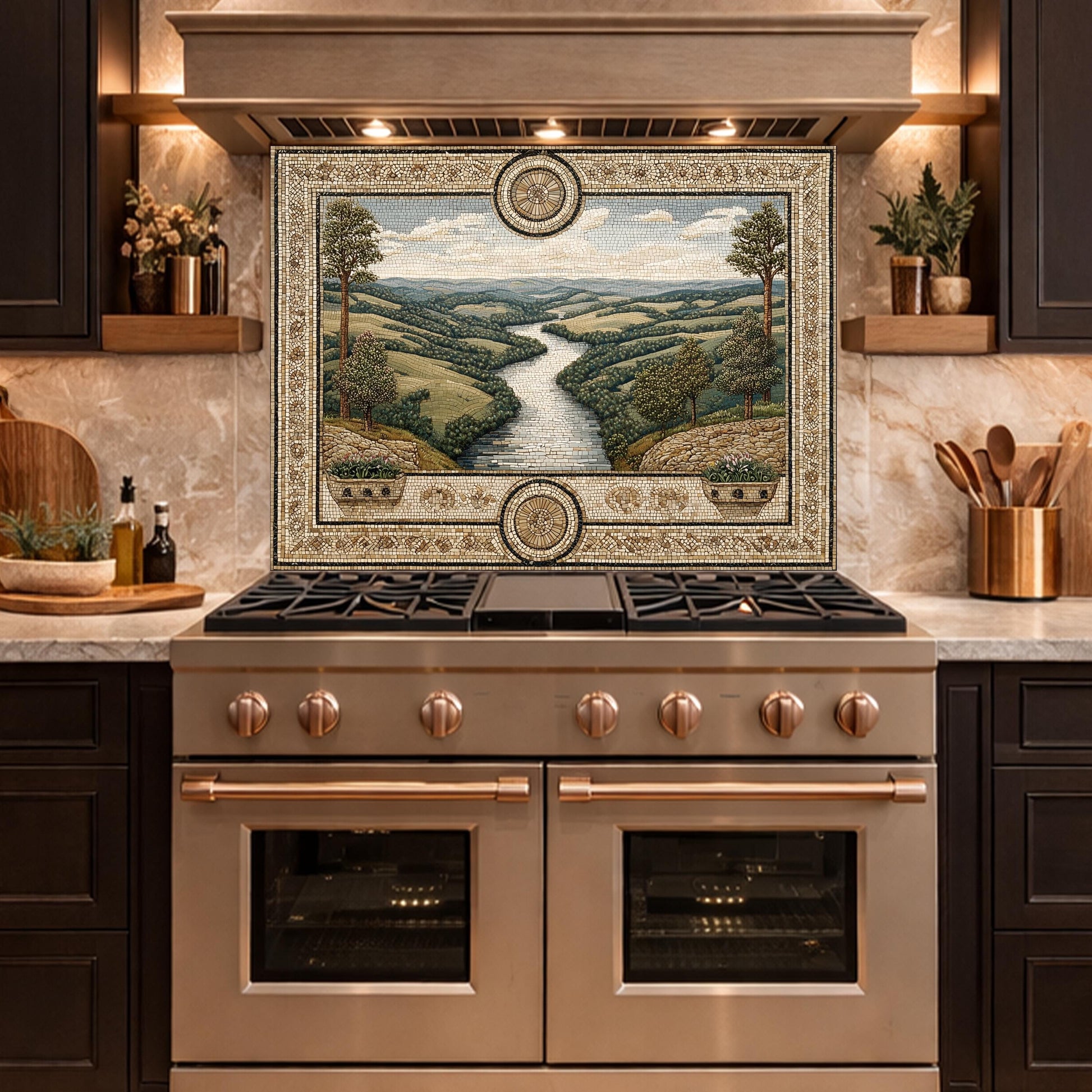 Tuscan Landscape Tempered Glass Backsplash, Mediterranean Kitchen Stove Decor