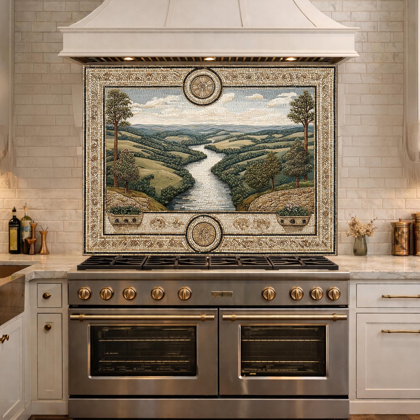 Tuscan Landscape Tempered Glass Backsplash, Mediterranean Kitchen Stove Decor