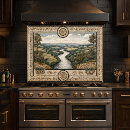 Tuscan Landscape Tempered Glass Backsplash, Mediterranean Kitchen Stove Decor