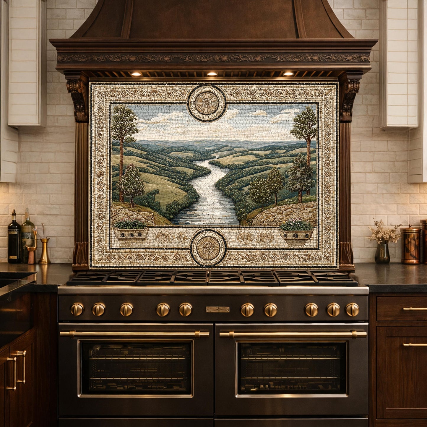 Tuscan Landscape Tempered Glass Backsplash, Mediterranean Kitchen Stove Decor
