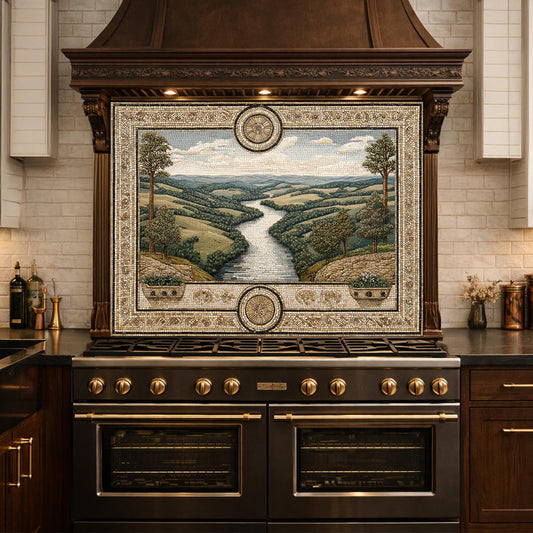 Tuscan Landscape Tempered Glass Backsplash, Mediterranean Kitchen Stove Decor