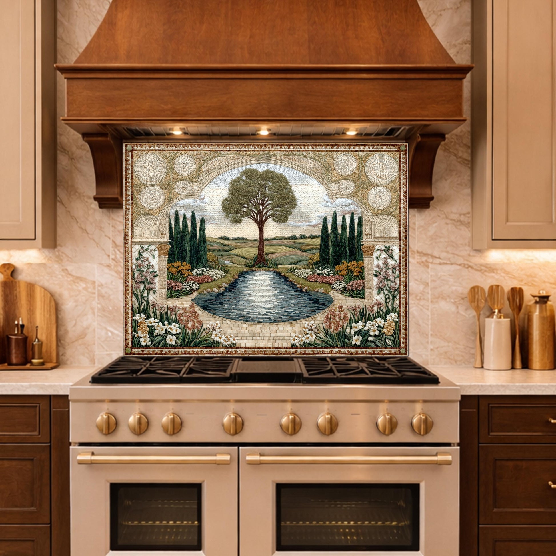 Garden Landscape Tempered Glass Kitchen Backsplash, Mediterranean Stove Panel