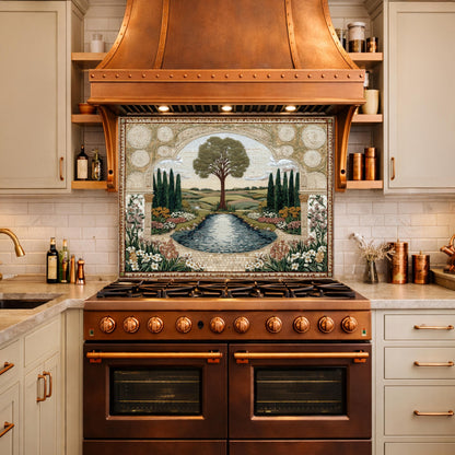 Garden Landscape Tempered Glass Kitchen Backsplash, Mediterranean Stove Panel