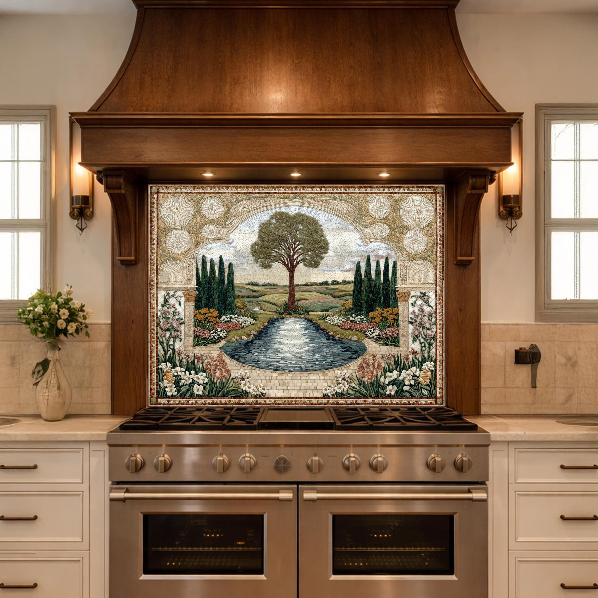 Garden Landscape Tempered Glass Kitchen Backsplash, Mediterranean Stove Panel