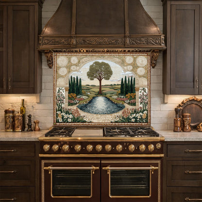Garden Landscape Tempered Glass Kitchen Backsplash, Mediterranean Stove Panel