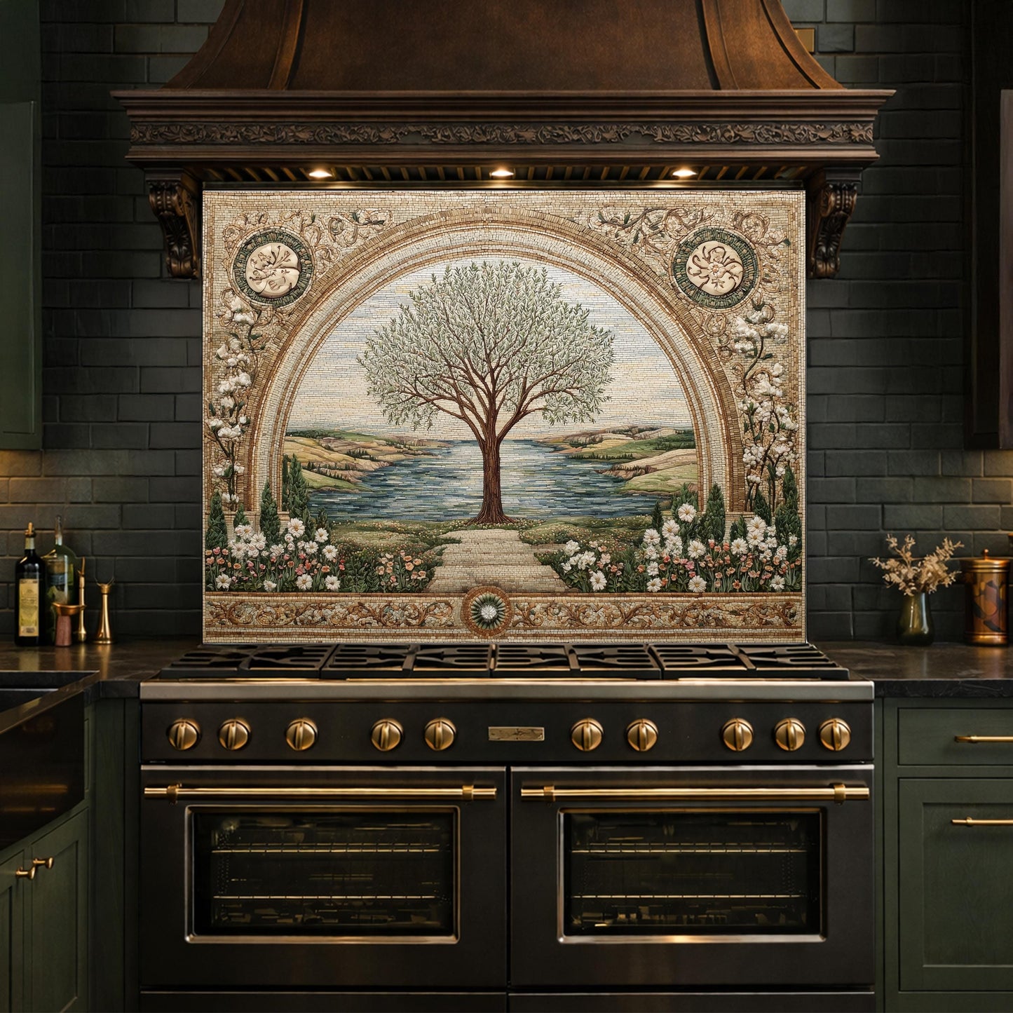 Tempered Glass Tree of Life Kitchen Backsplash, Mediterranean Floral Stove Decor