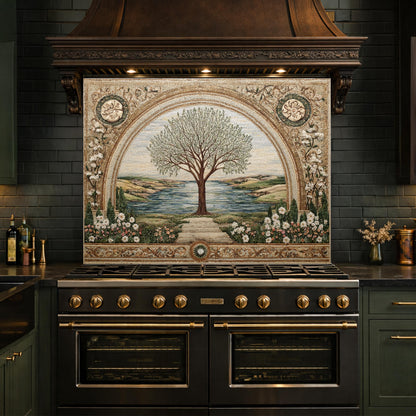 Tempered Glass Tree of Life Kitchen Backsplash, Mediterranean Floral Stove Decor