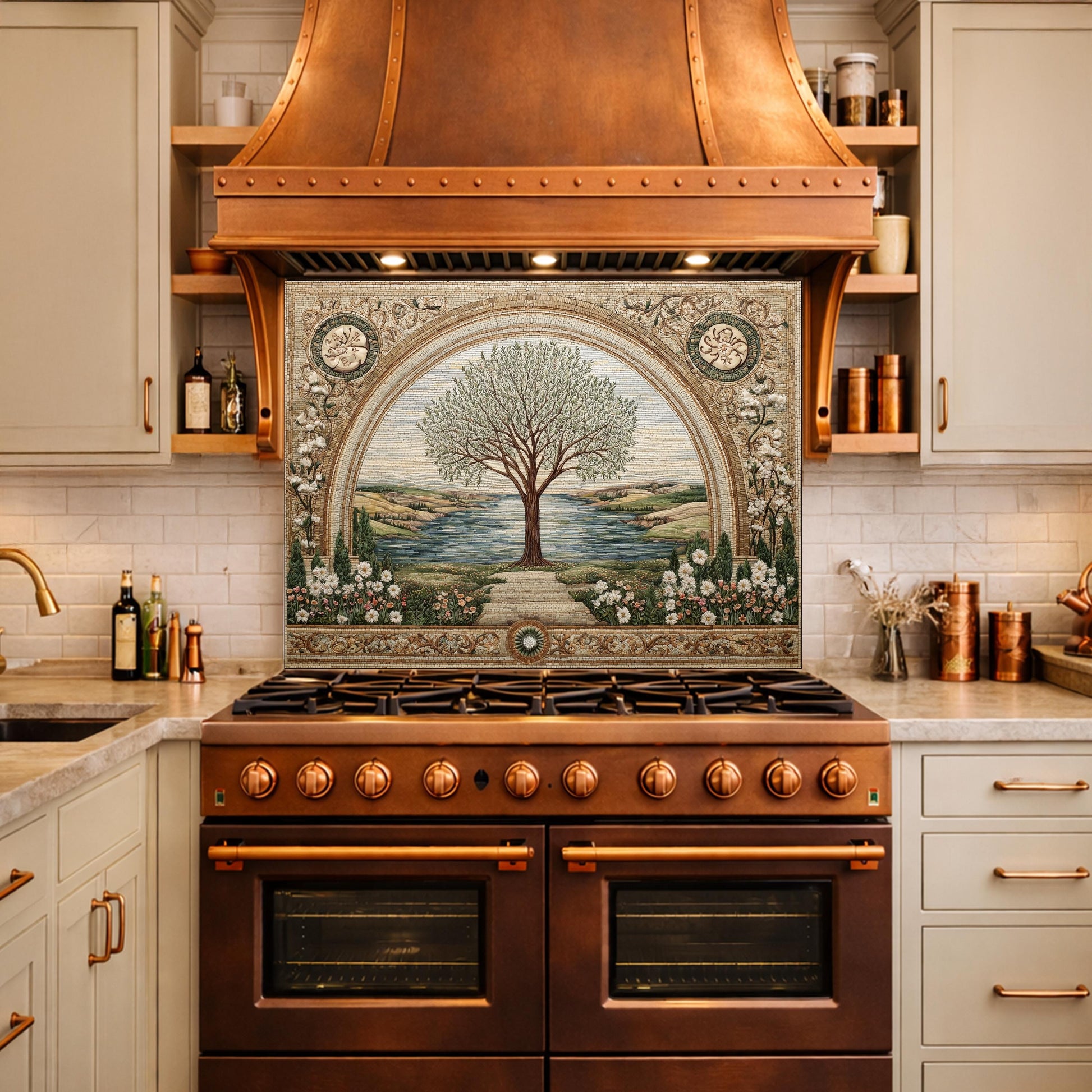Tempered Glass Tree of Life Kitchen Backsplash, Mediterranean Floral Stove Decor