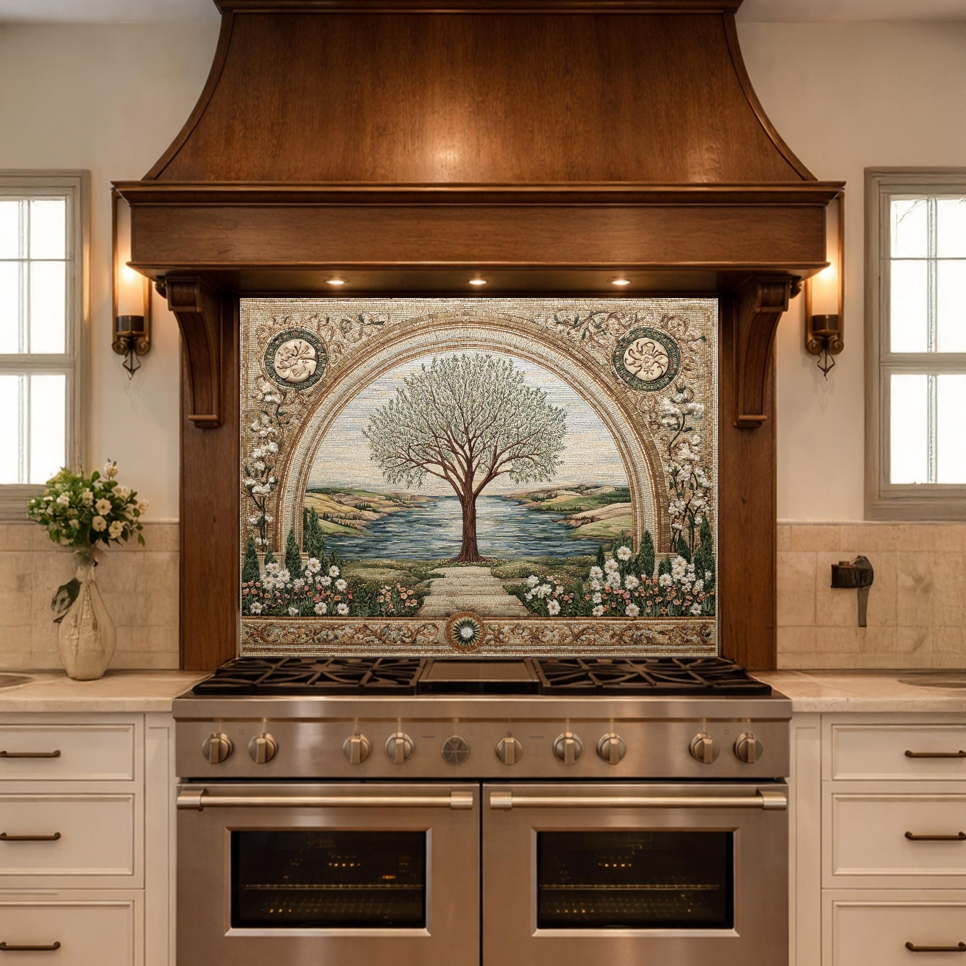 Tempered Glass Tree of Life Kitchen Backsplash, Mediterranean Floral Stove Decor