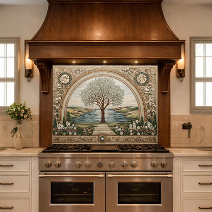 Tempered Glass Tree of Life Kitchen Backsplash, Mediterranean Floral Stove Decor