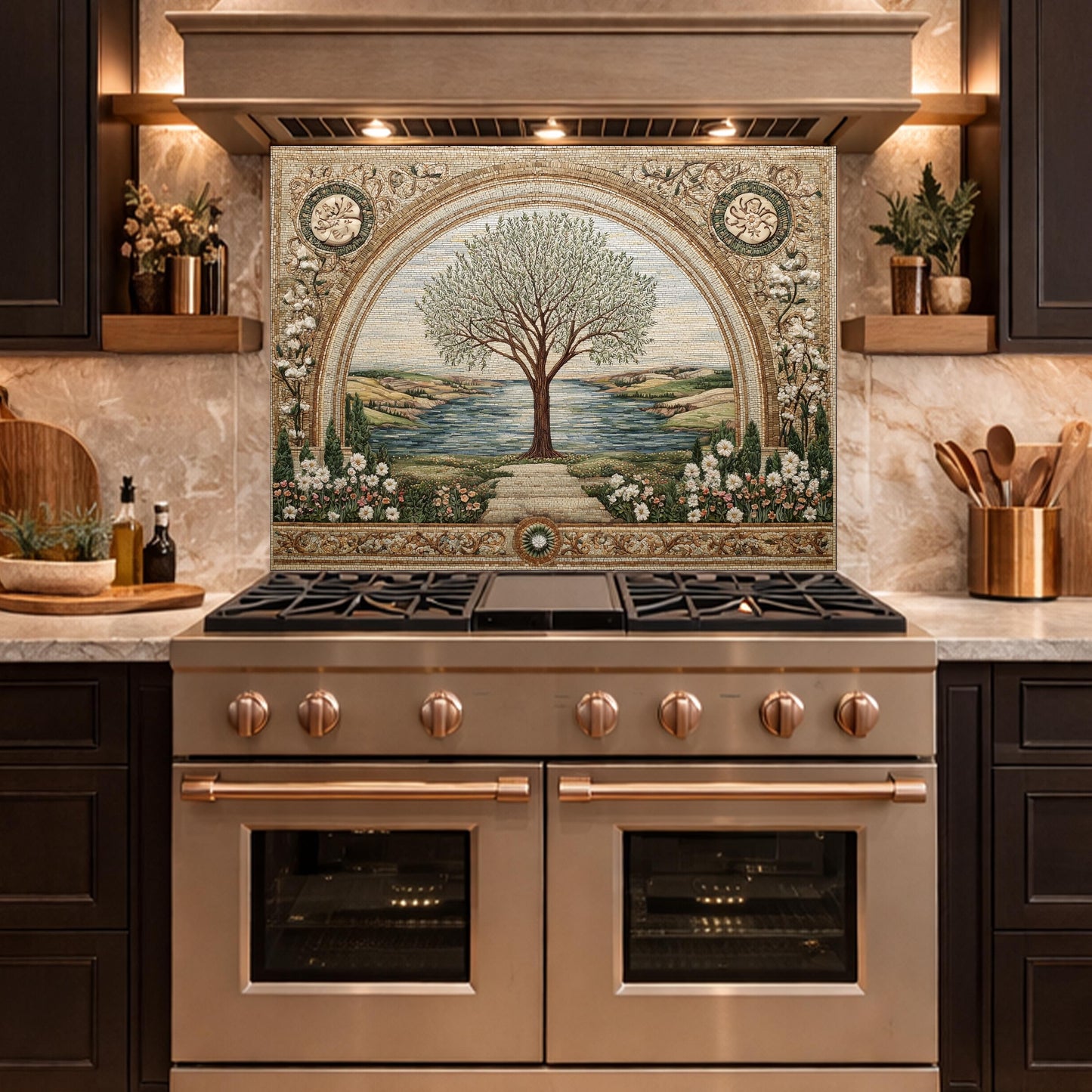 Tempered Glass Tree of Life Kitchen Backsplash, Mediterranean Floral Stove Decor