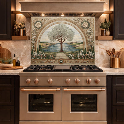Tempered Glass Tree of Life Kitchen Backsplash, Mediterranean Floral Stove Decor