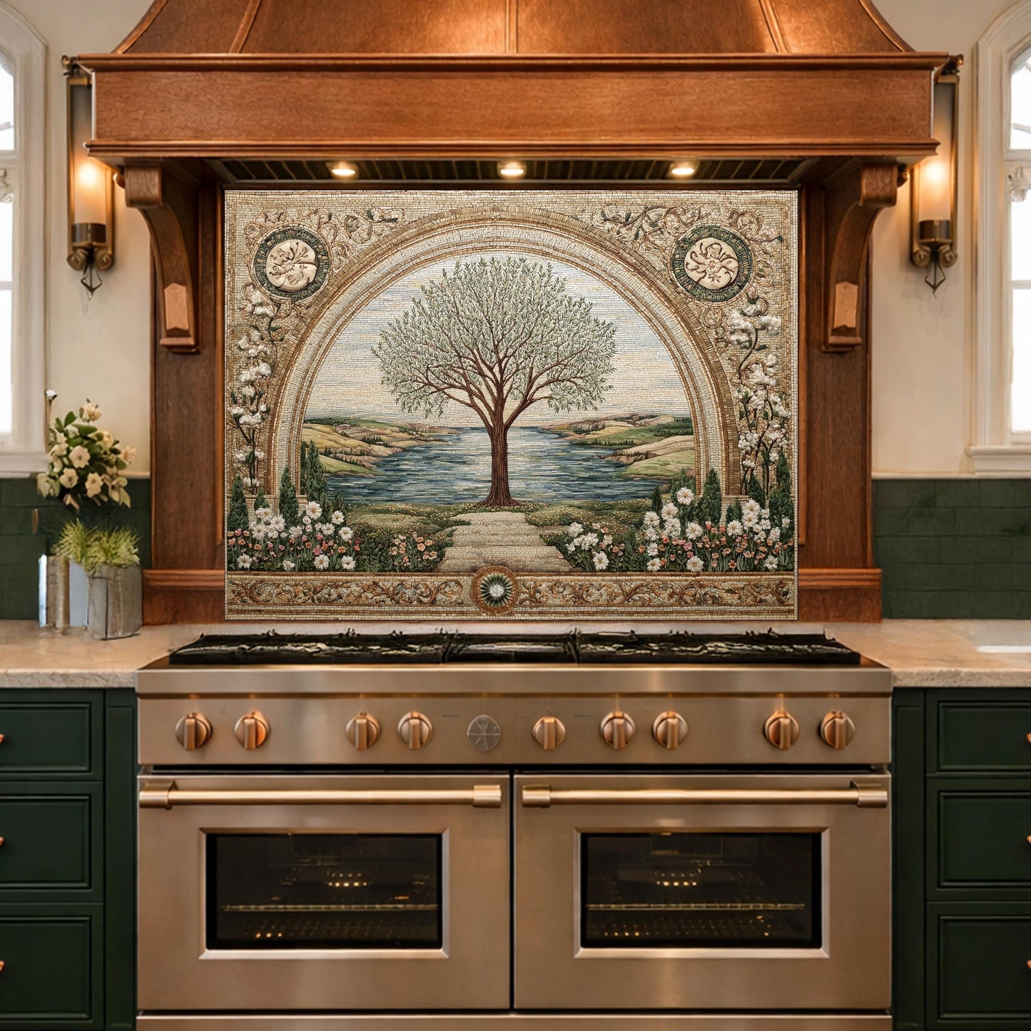 Tempered Glass Tree of Life Kitchen Backsplash, Mediterranean Floral Stove Decor