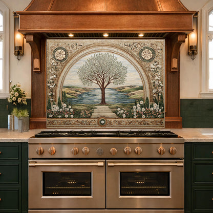 Tempered Glass Tree of Life Kitchen Backsplash, Mediterranean Floral Stove Decor