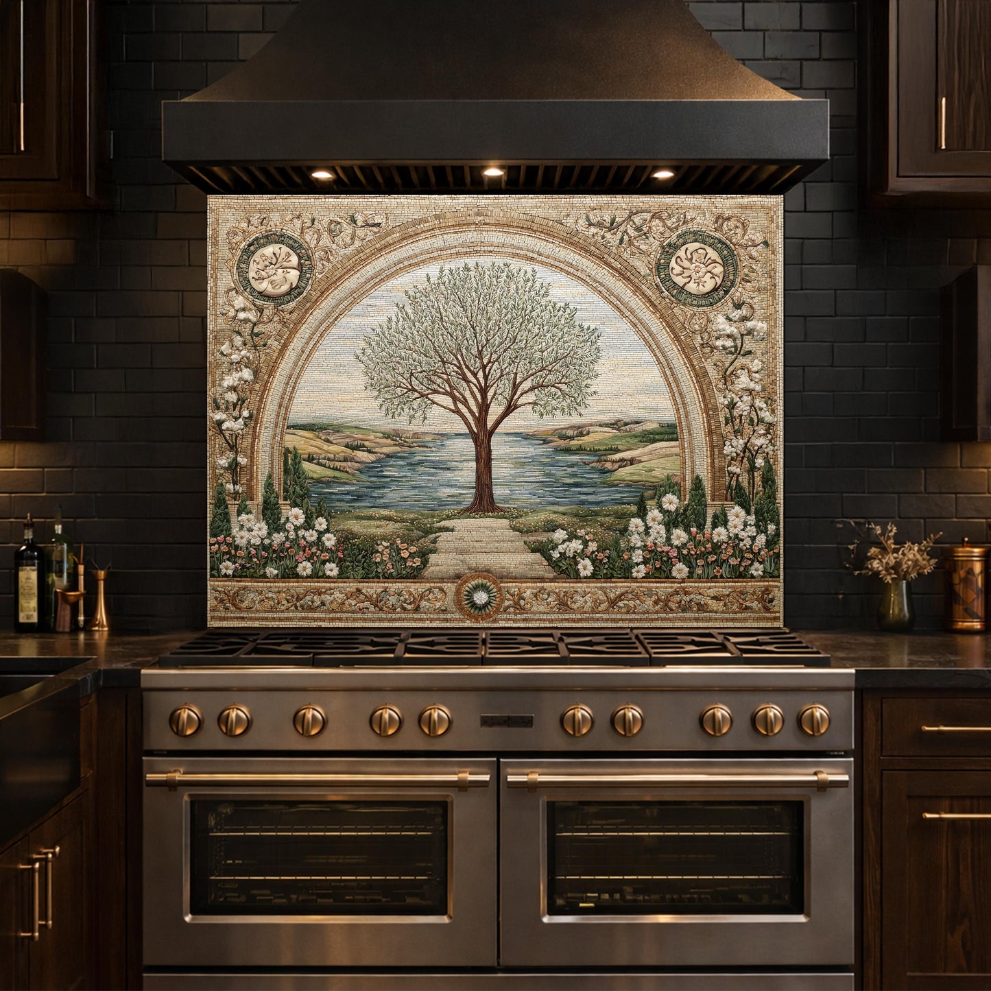 Tempered Glass Tree of Life Kitchen Backsplash, Mediterranean Floral Stove Decor