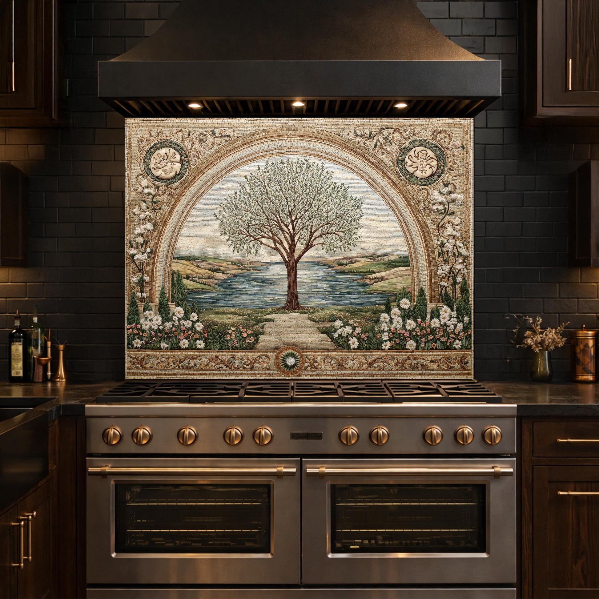 Tempered Glass Tree of Life Kitchen Backsplash, Mediterranean Floral Stove Decor