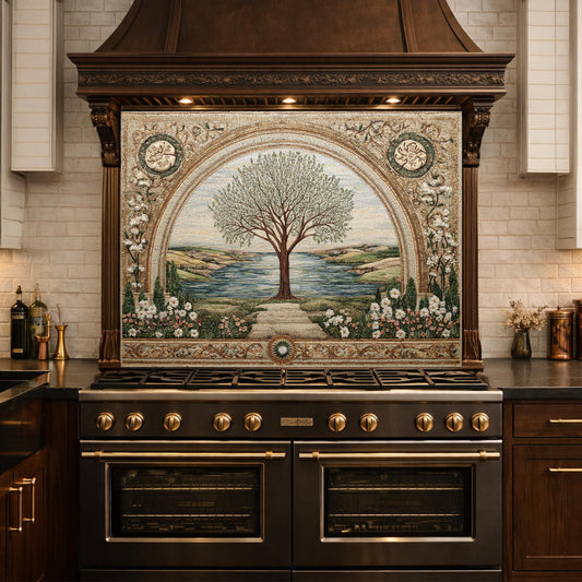 Tempered Glass Tree of Life Kitchen Backsplash, Mediterranean Floral Stove Decor