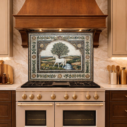 Horse Olive Tree Glass Kitchen Backsplash, Mediterranean Farmhouse Stove Decor