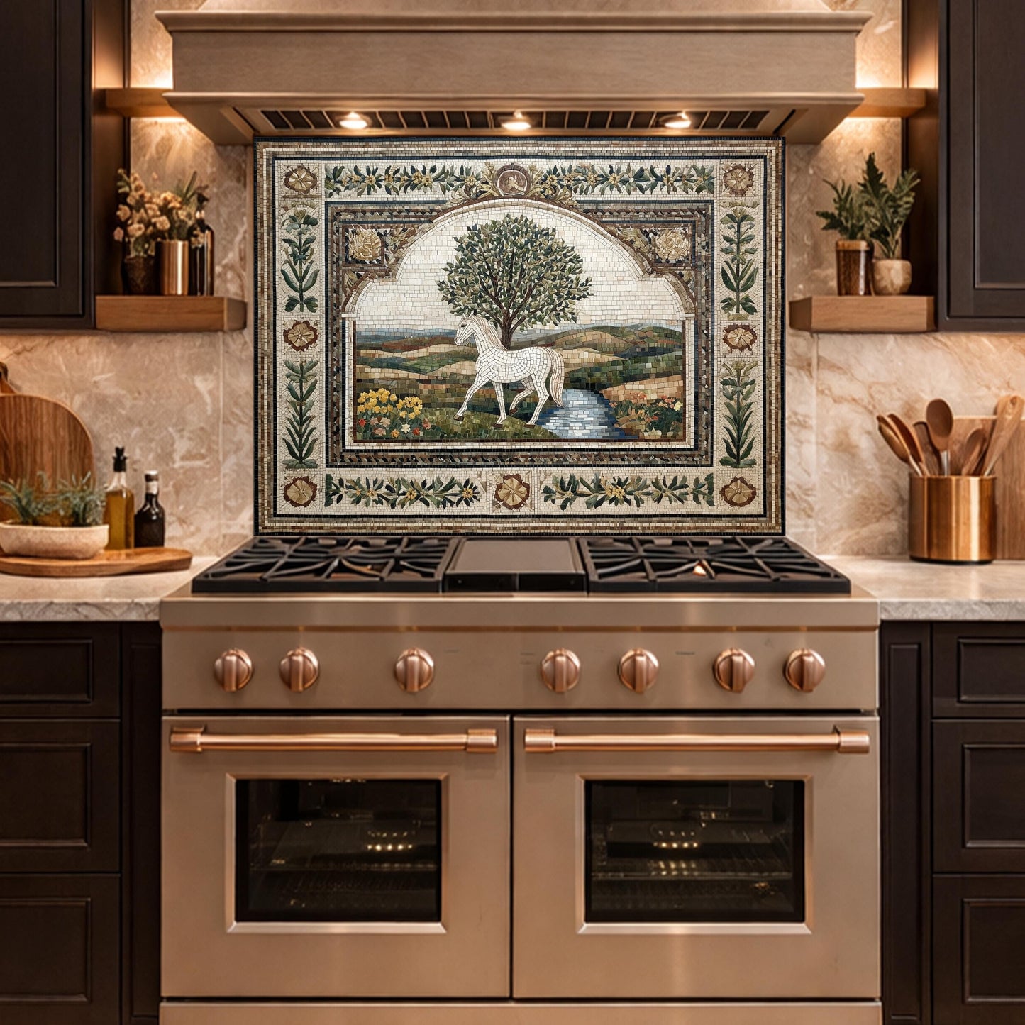 Horse Olive Tree Glass Kitchen Backsplash, Mediterranean Farmhouse Stove Decor