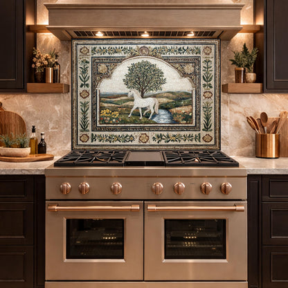 Horse Olive Tree Glass Kitchen Backsplash, Mediterranean Farmhouse Stove Decor