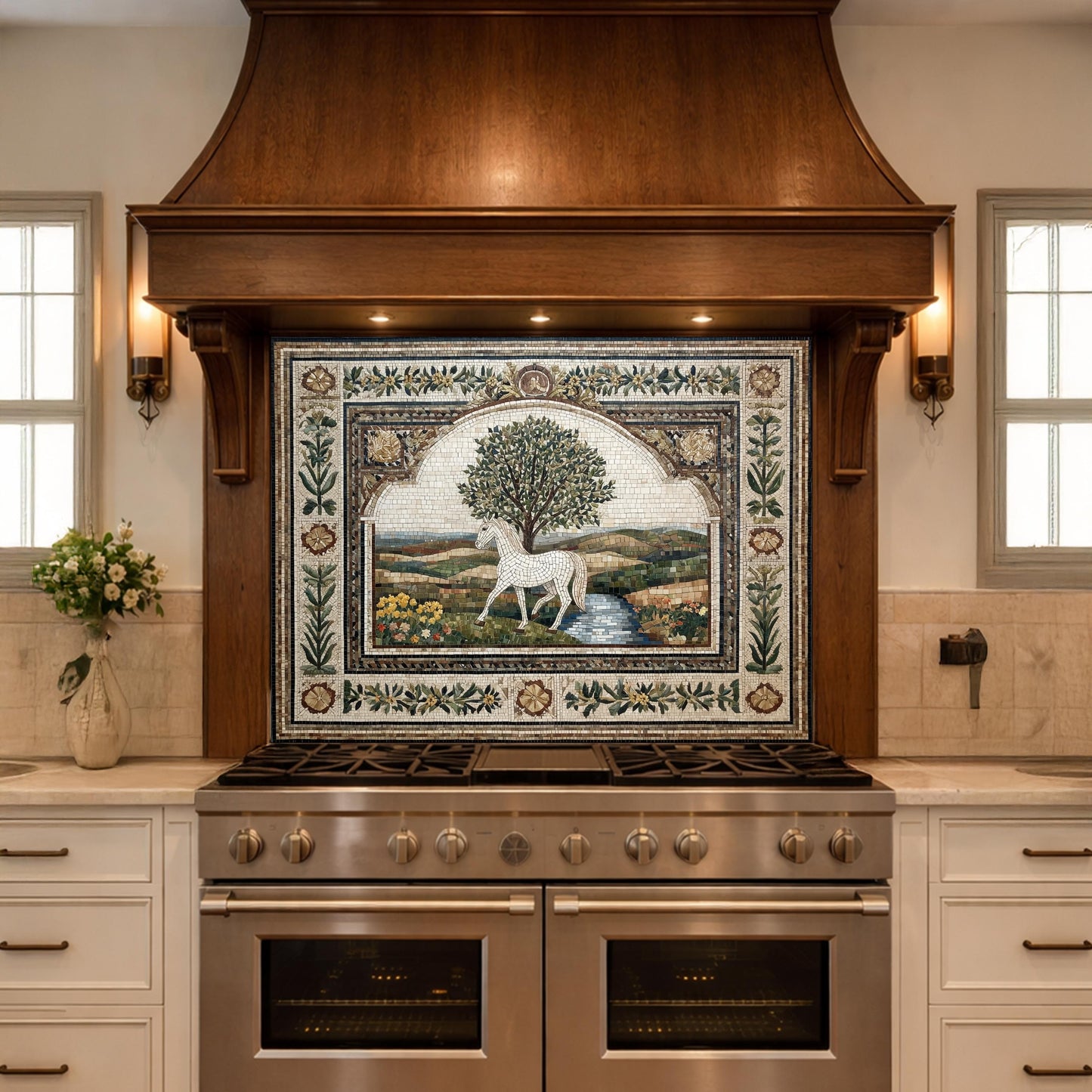 Horse Olive Tree Glass Kitchen Backsplash, Mediterranean Farmhouse Stove Decor