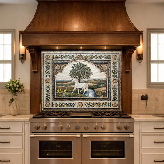 Horse Olive Tree Glass Kitchen Backsplash, Mediterranean Farmhouse Stove Decor