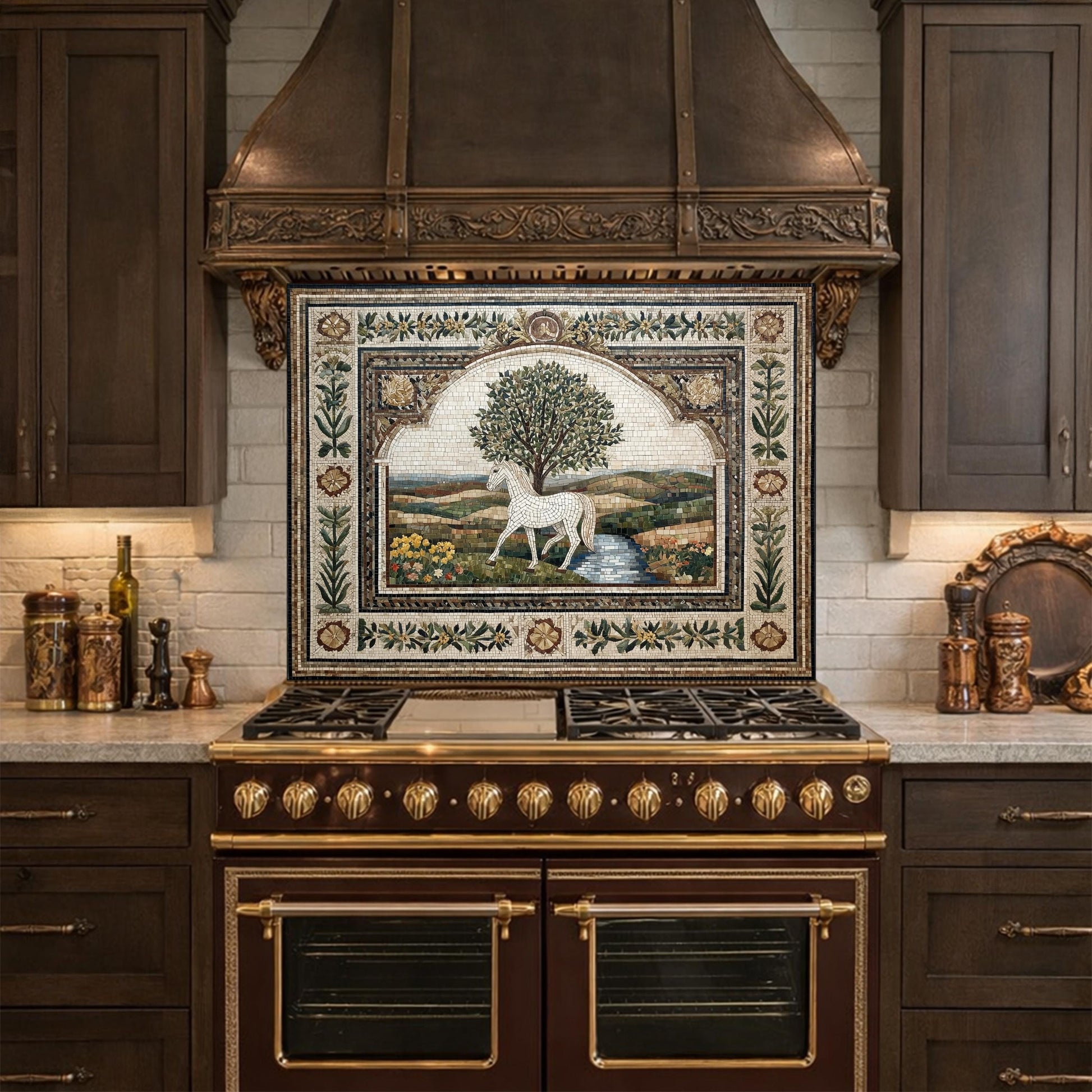 Horse Olive Tree Glass Kitchen Backsplash, Mediterranean Farmhouse Stove Decor