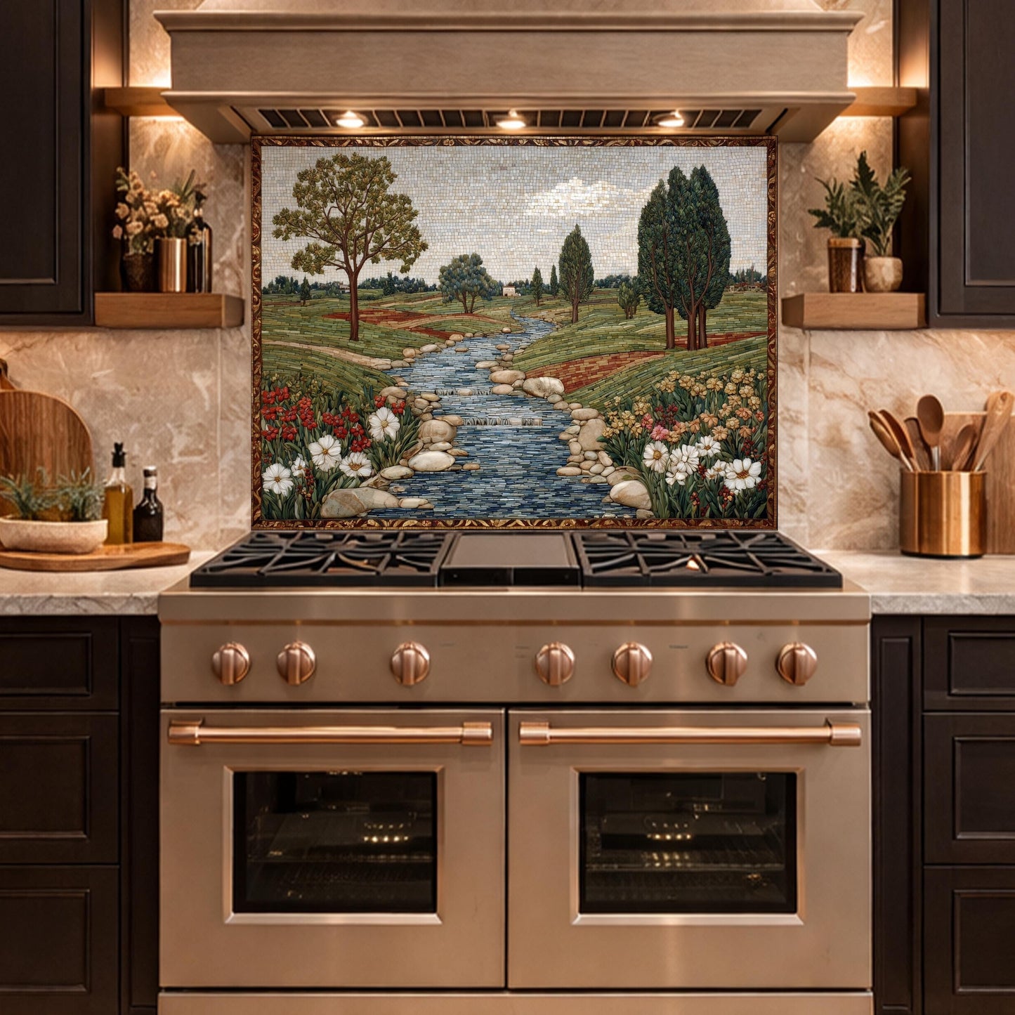 River Landscape Glass Backsplash, Tempered Stove Panel, Farmhouse Kitchen Decor