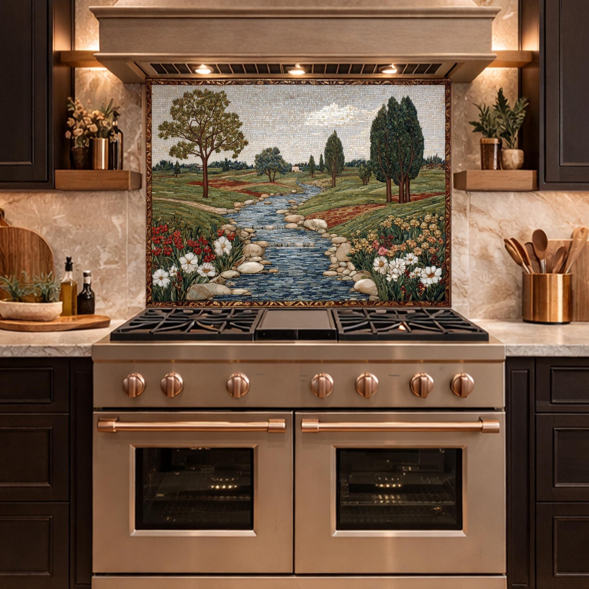 River Landscape Glass Backsplash, Tempered Stove Panel, Farmhouse Kitchen Decor