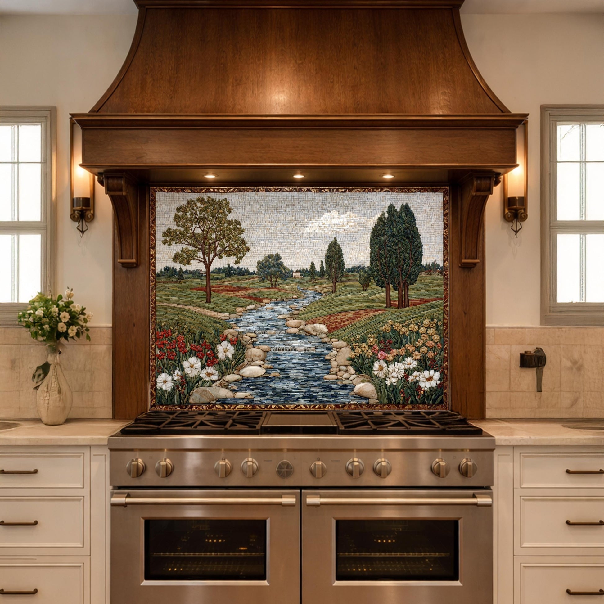 River Landscape Glass Backsplash, Tempered Stove Panel, Farmhouse Kitchen Decor