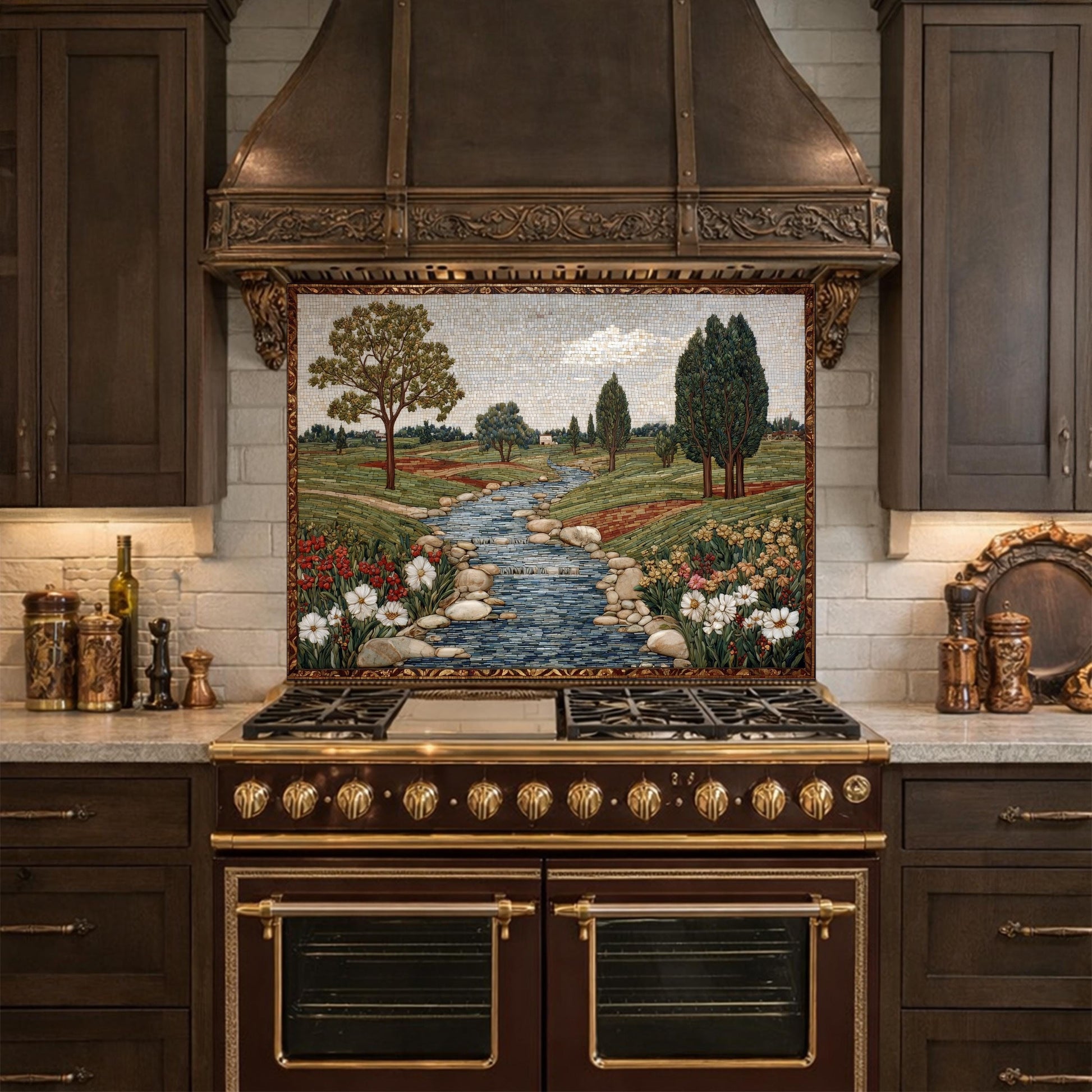 River Landscape Glass Backsplash, Tempered Stove Panel, Farmhouse Kitchen Decor