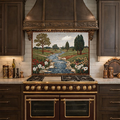 River Landscape Glass Backsplash, Tempered Stove Panel, Farmhouse Kitchen Decor