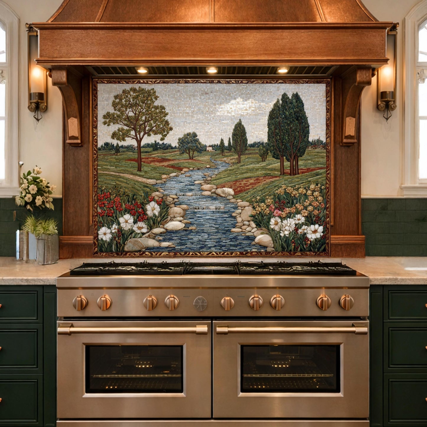 River Landscape Glass Backsplash, Tempered Stove Panel, Farmhouse Kitchen Decor