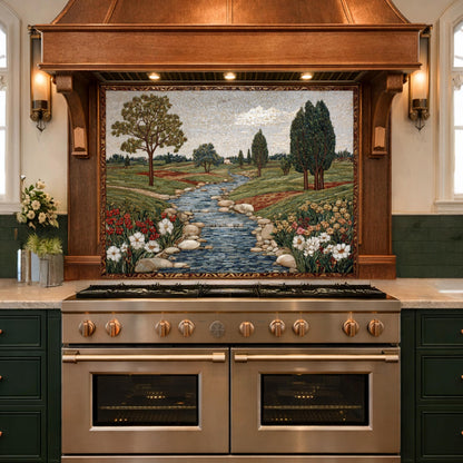 River Landscape Glass Backsplash, Tempered Stove Panel, Farmhouse Kitchen Decor
