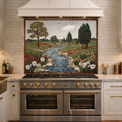 River Landscape Glass Backsplash, Tempered Stove Panel, Farmhouse Kitchen Decor