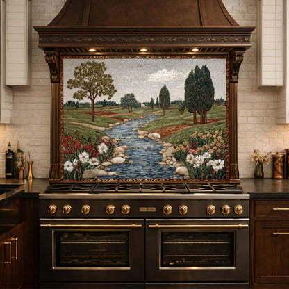 River Landscape Glass Backsplash, Tempered Stove Panel, Farmhouse Kitchen Decor