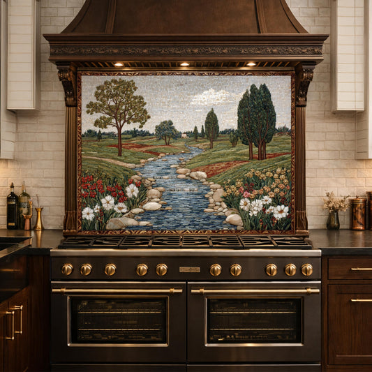 River Landscape Glass Backsplash, Tempered Stove Panel, Farmhouse Kitchen Decor