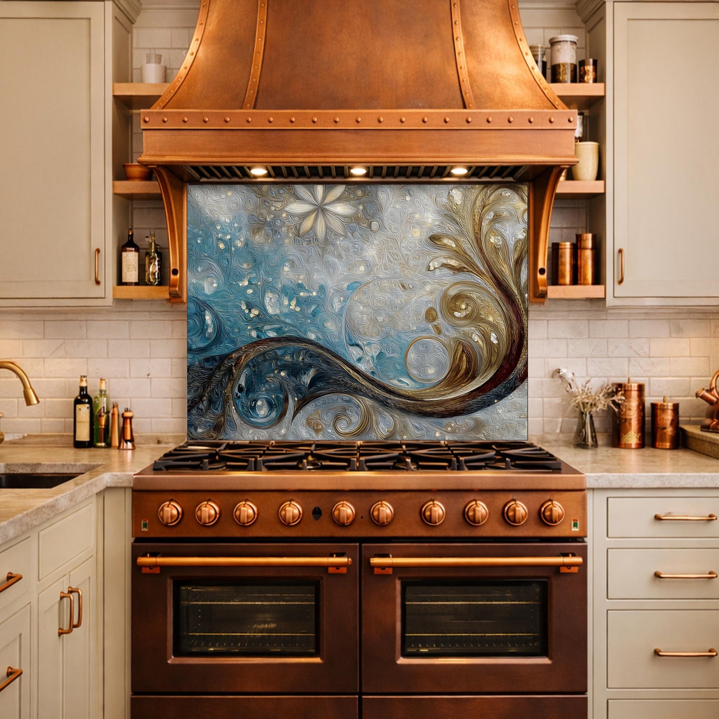 Tempered Glass Kitchen Backsplash, Blue Gold Abstract Wave Stove Guard Wall Decor