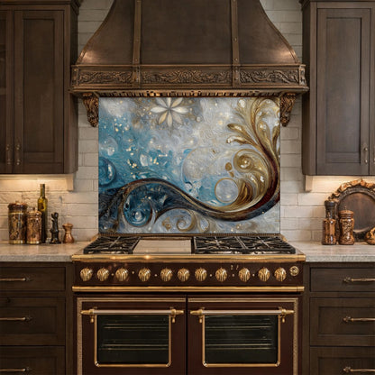 Tempered Glass Kitchen Backsplash, Blue Gold Abstract Wave Stove Guard Wall Decor