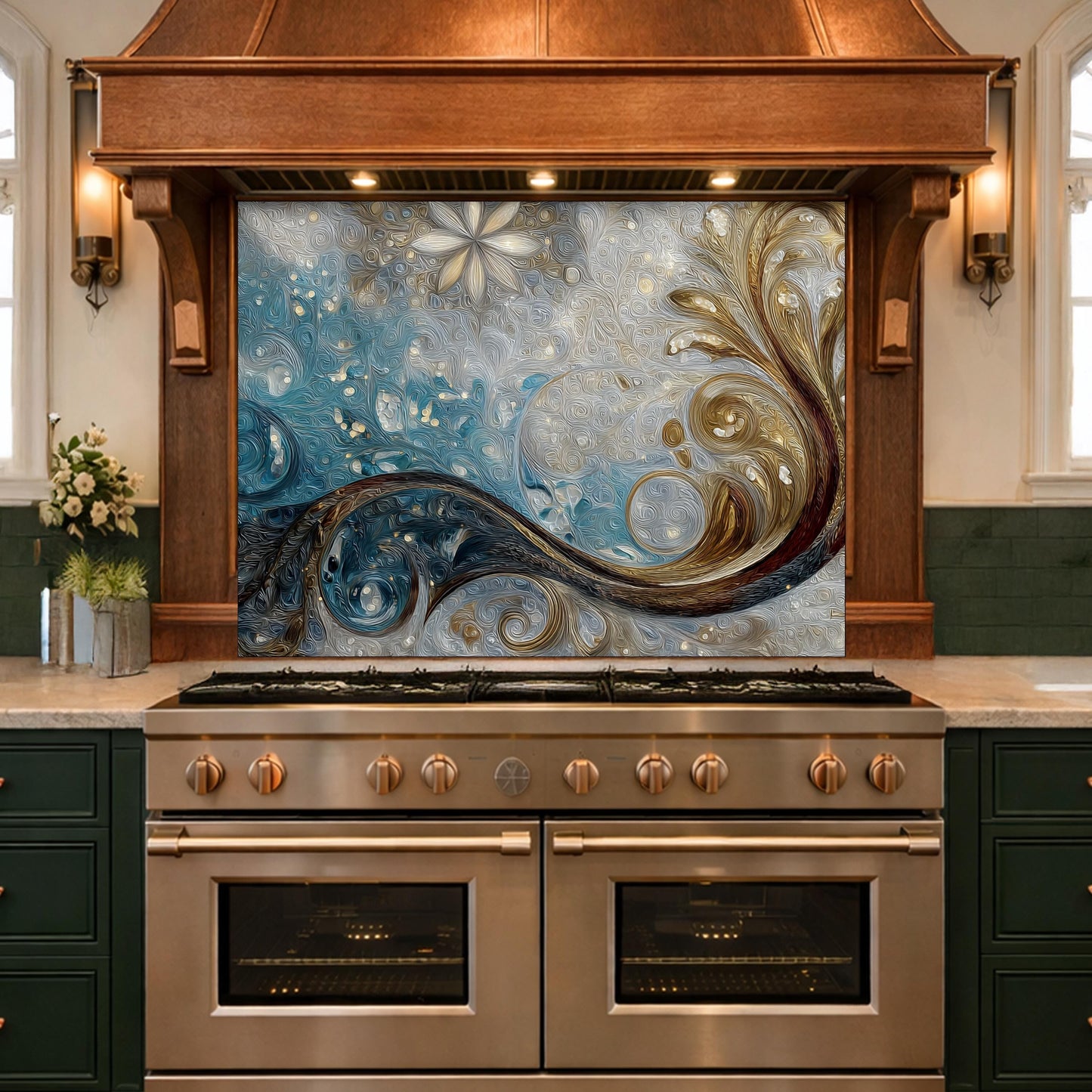 Tempered Glass Kitchen Backsplash, Blue Gold Abstract Wave Stove Guard Wall Decor